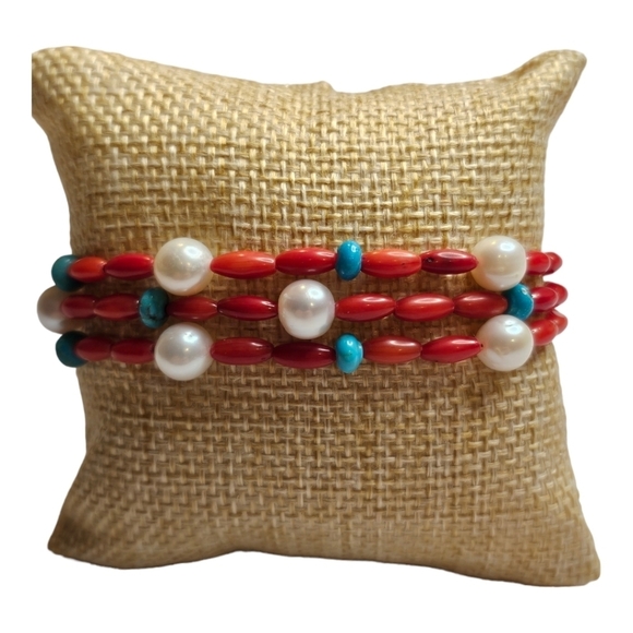 American West Red Coral Bead, Turquoise, and Pearl 3 Strand Bracelet - Picture 5 of 7